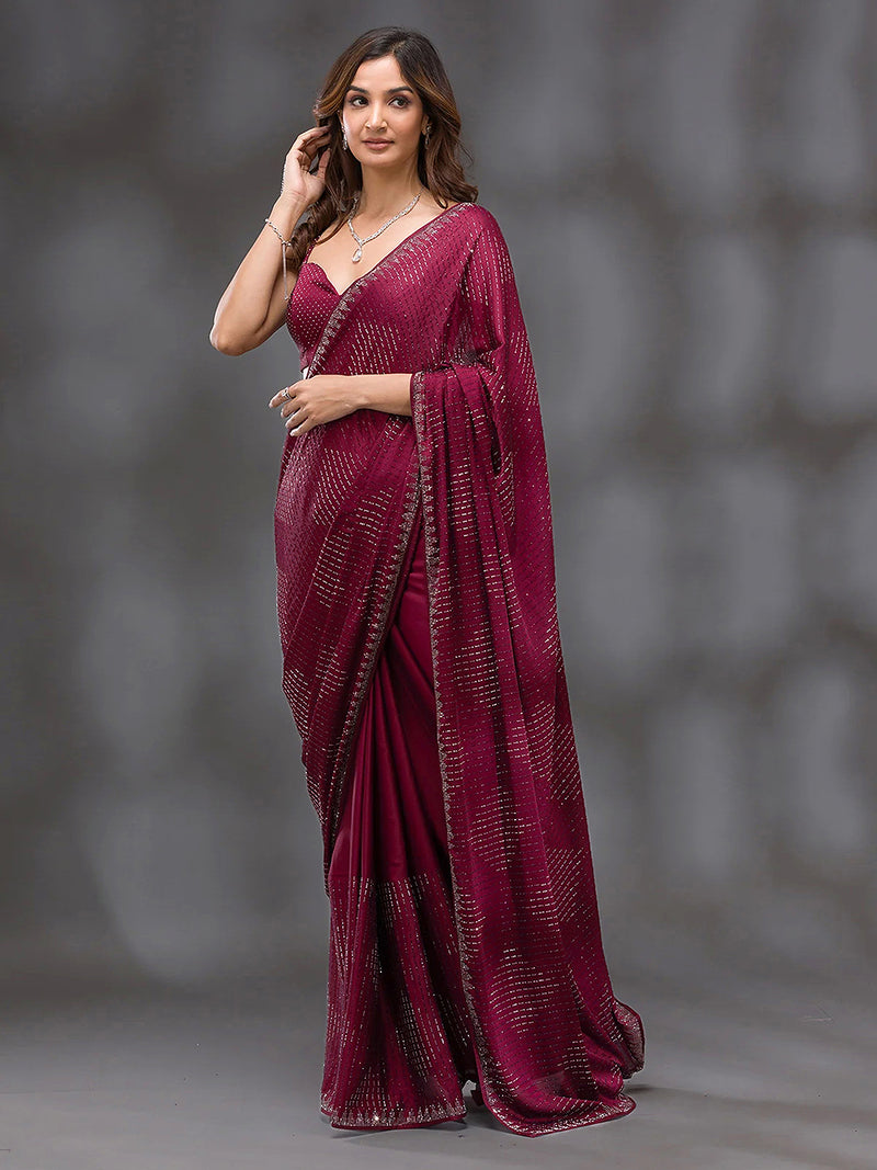 Women's Red Silk Siroski Work Saree with Unstitch Blouse Piece
