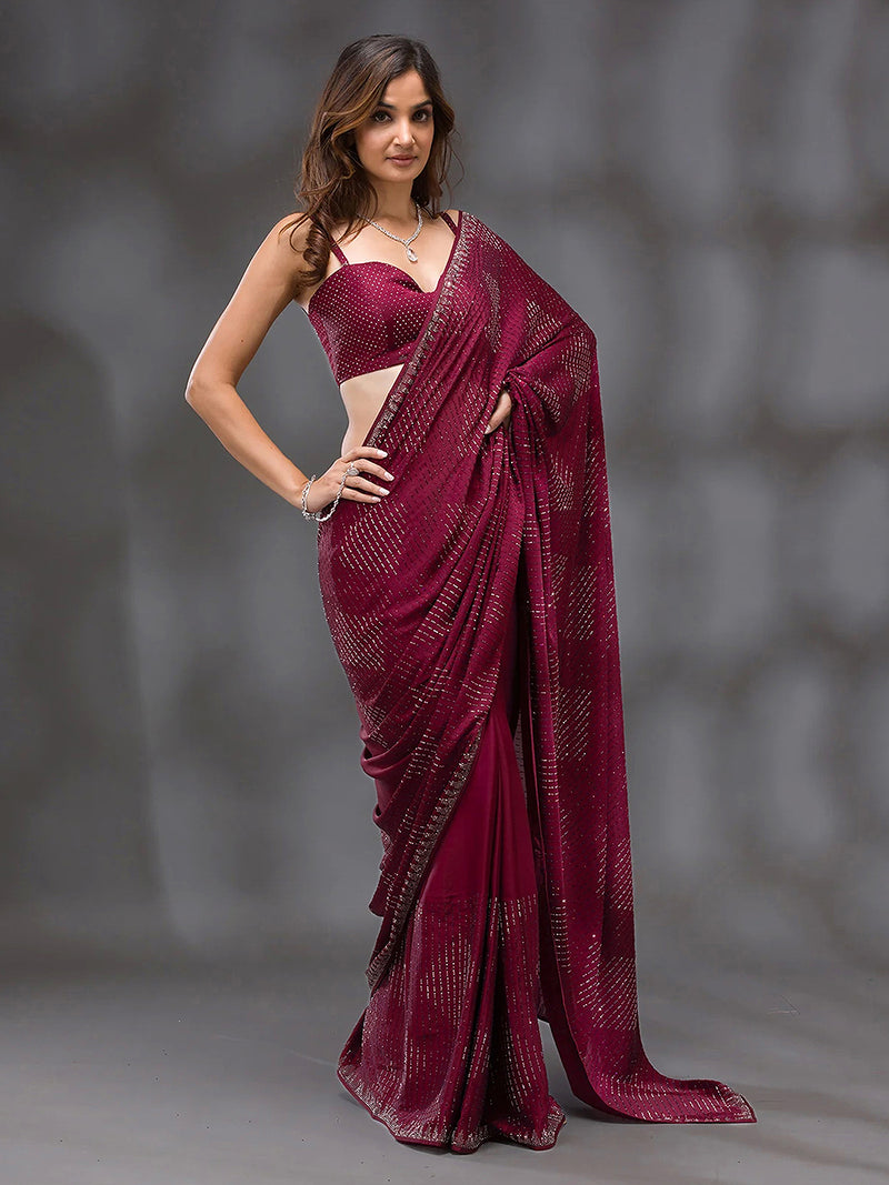Women's Red Silk Siroski Work Saree with Unstitch Blouse Piece