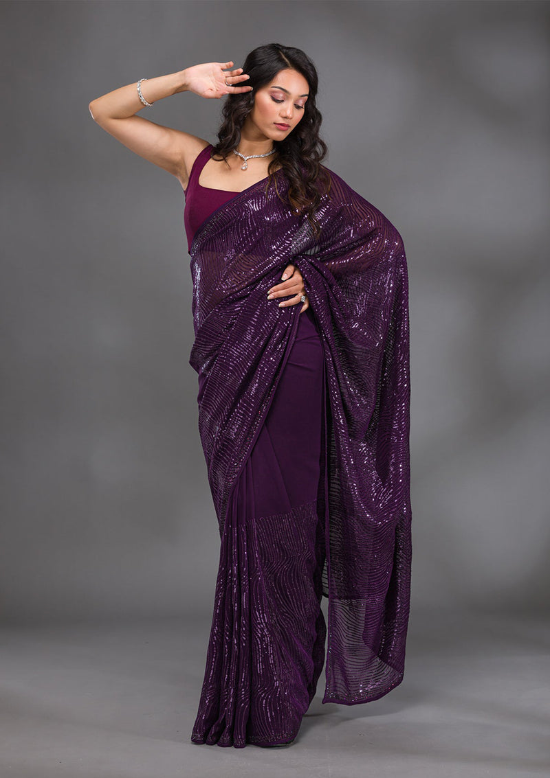 Women's Georgette Sequence Embroidery Work Saree with Unstitch Blouse Piece