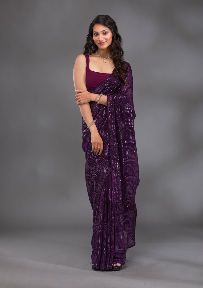 Women's Georgette Sequence Embroidery Work Saree with Unstitch Blouse Piece