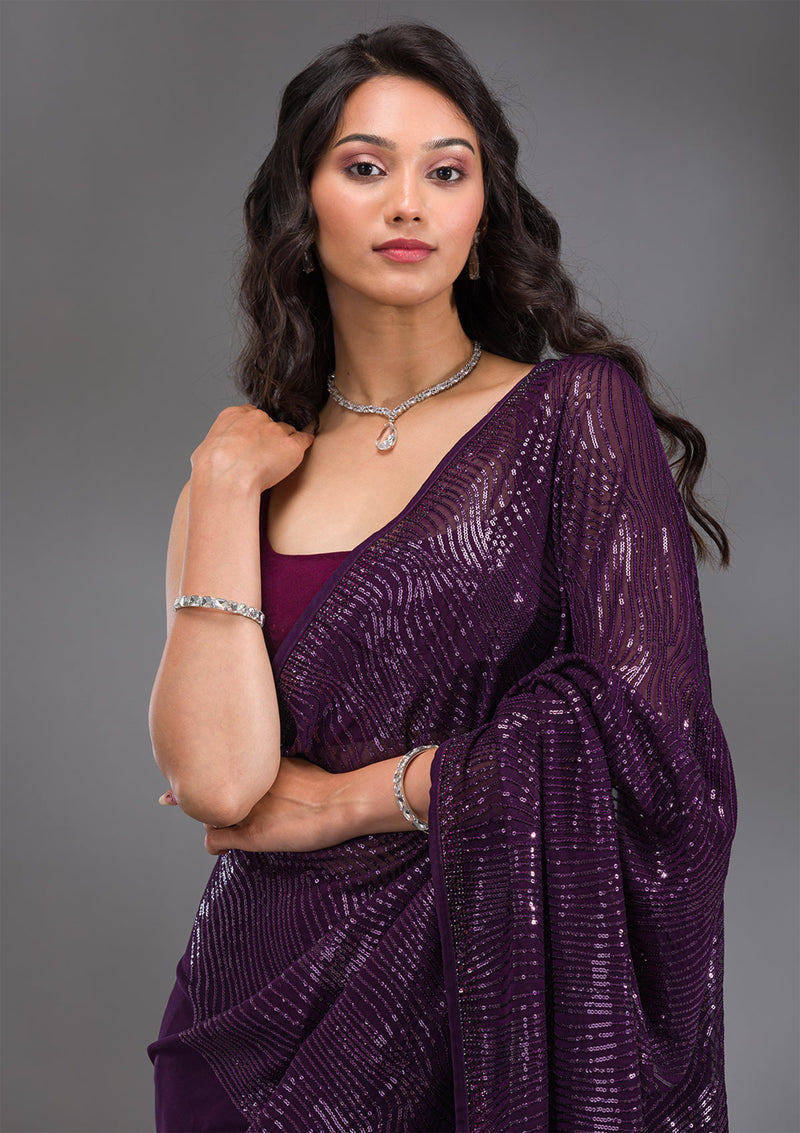 Women's Georgette Sequence Embroidery Work Saree with Unstitch Blouse Piece