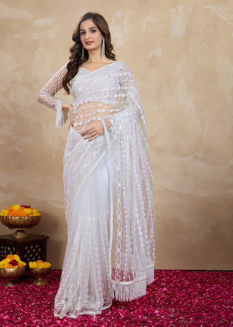 Women's White Net Embroidery Sequin work Saree with Unstitch Blouse Piece