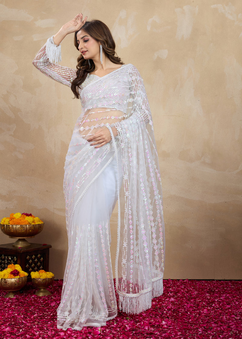 Women's White Net Embroidery Sequin work Saree with Unstitch Blouse Piece