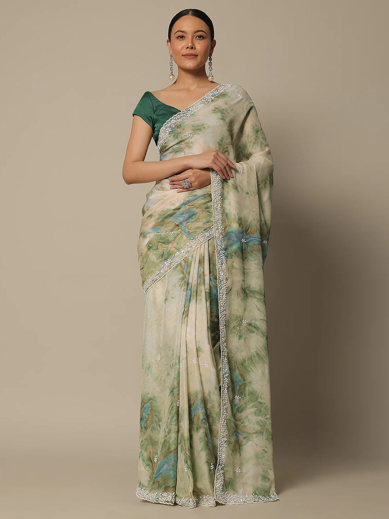 Women's Georgette Digital Printed Embroidery Saree with Unstitched Blouse Piece