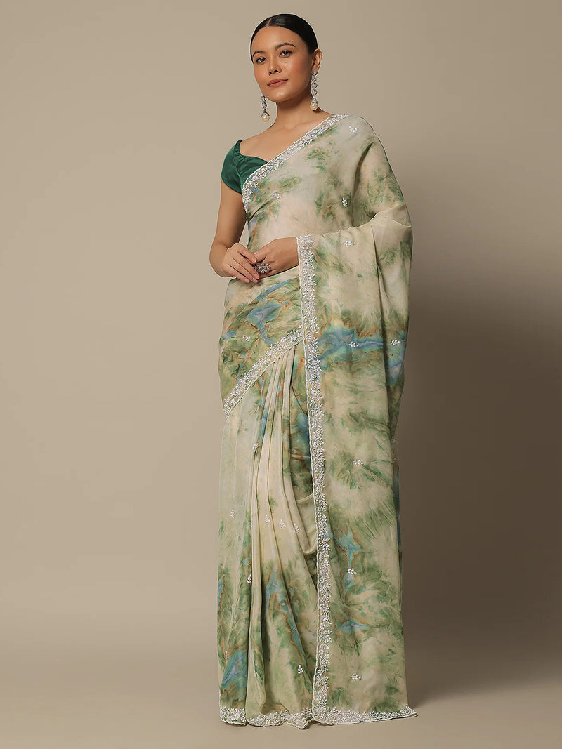 Women's Georgette Digital Printed Embroidery Saree with Unstitched Blouse Piece