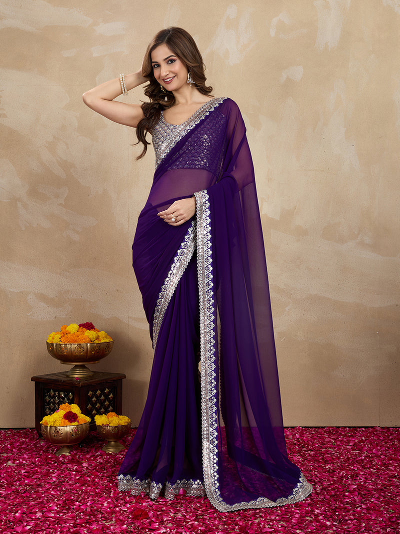 Women's Purple Georgette Embroidery Saree with Unstitched Blouse Piece
