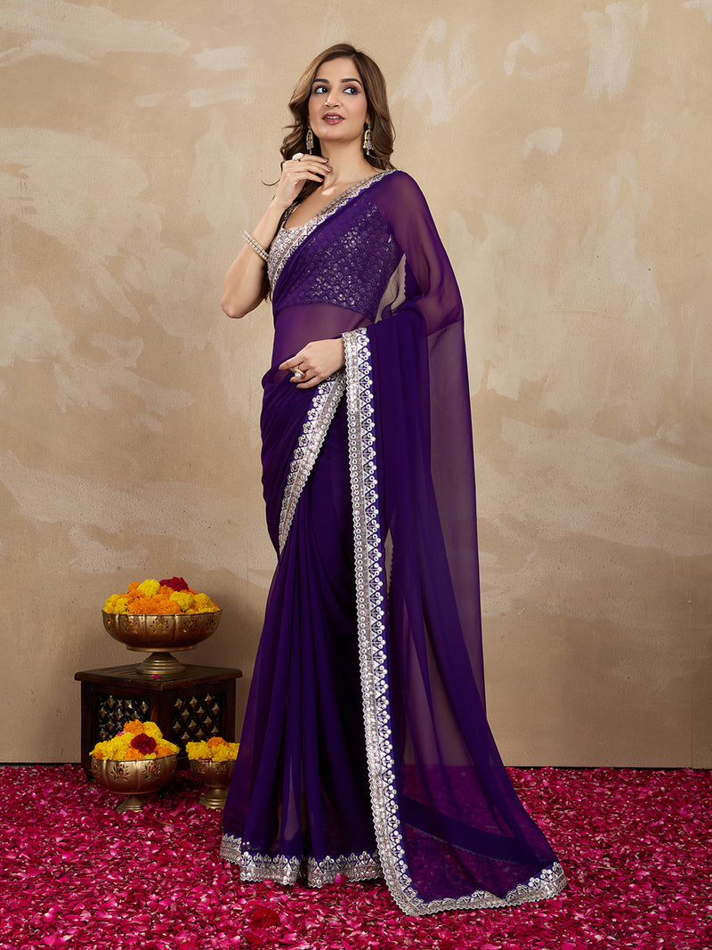 Women's Purple Georgette Embroidery Saree with Unstitched Blouse Piece