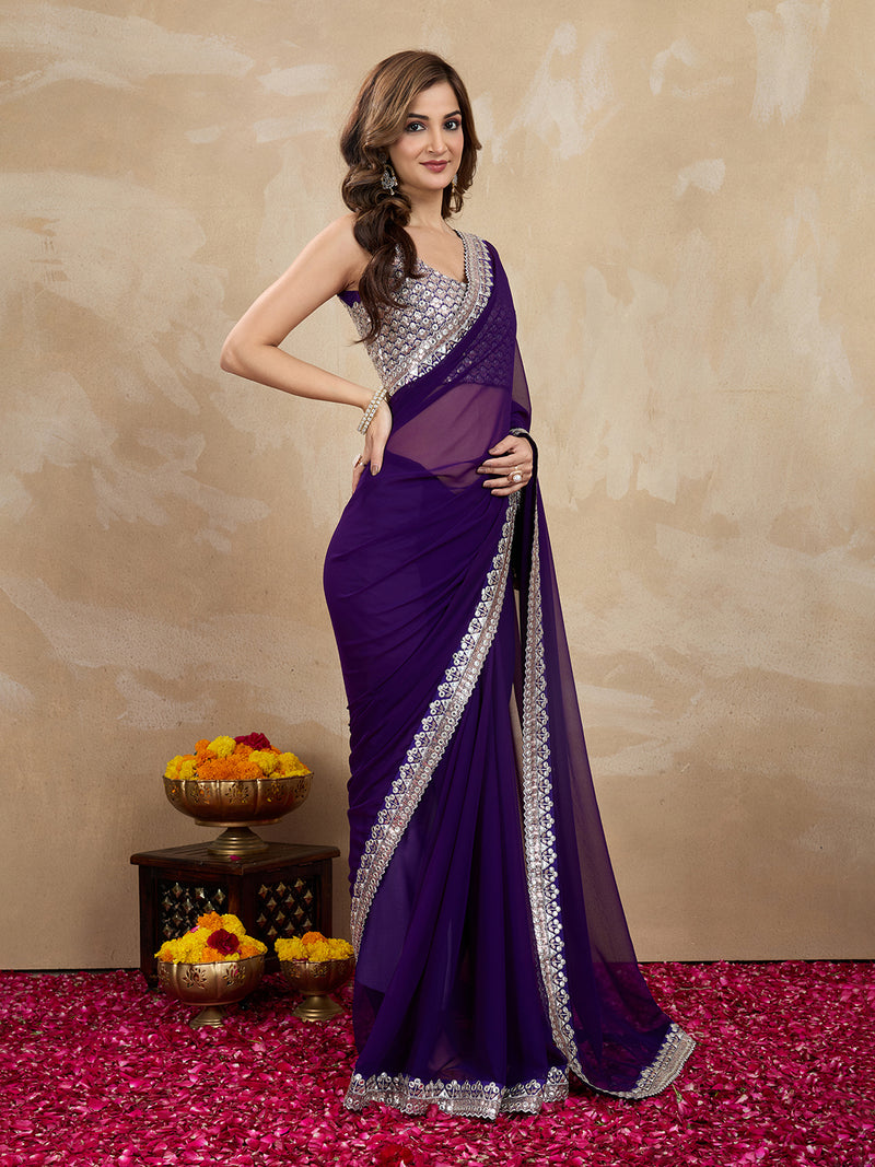 Women's Purple Georgette Embroidery Saree with Unstitched Blouse Piece