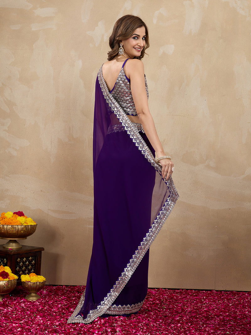 Women's Purple Georgette Embroidery Saree with Unstitched Blouse Piece