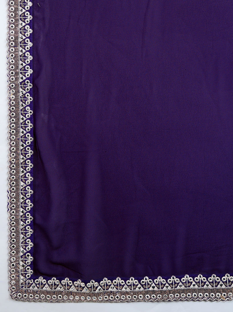 Women's Purple Georgette Embroidery Saree with Unstitched Blouse Piece