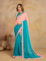 Turquoise Chiffon Embroidery work Ombre Style Saree with Unstitched Blouse Piece For Women's