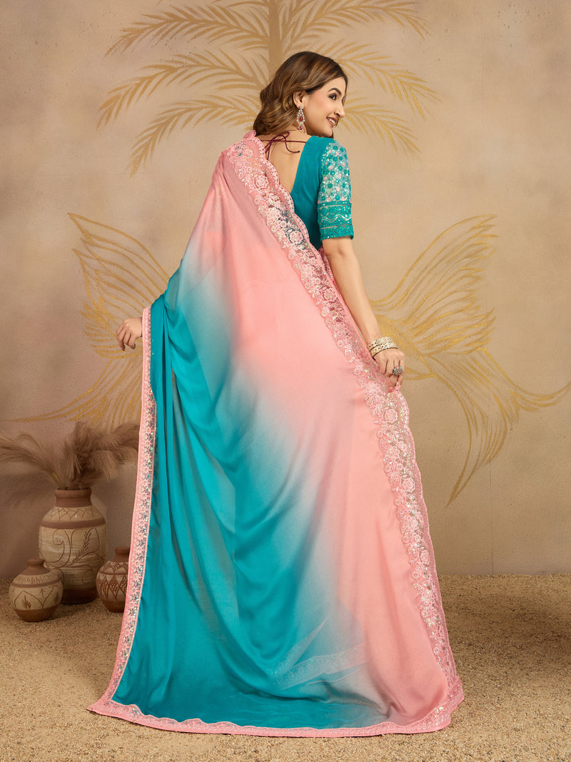 Turquoise Chiffon Embroidery work Ombre Style Saree with Unstitched Blouse Piece For Women's