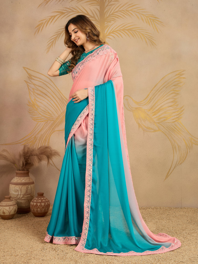 Turquoise Chiffon Embroidery work Ombre Style Saree with Unstitched Blouse Piece For Women's