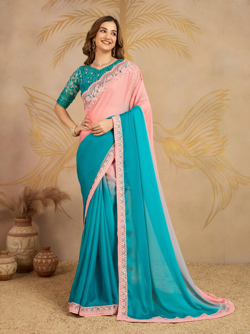 Turquoise Chiffon Embroidery work Ombre Style Saree with Unstitched Blouse Piece For Women's