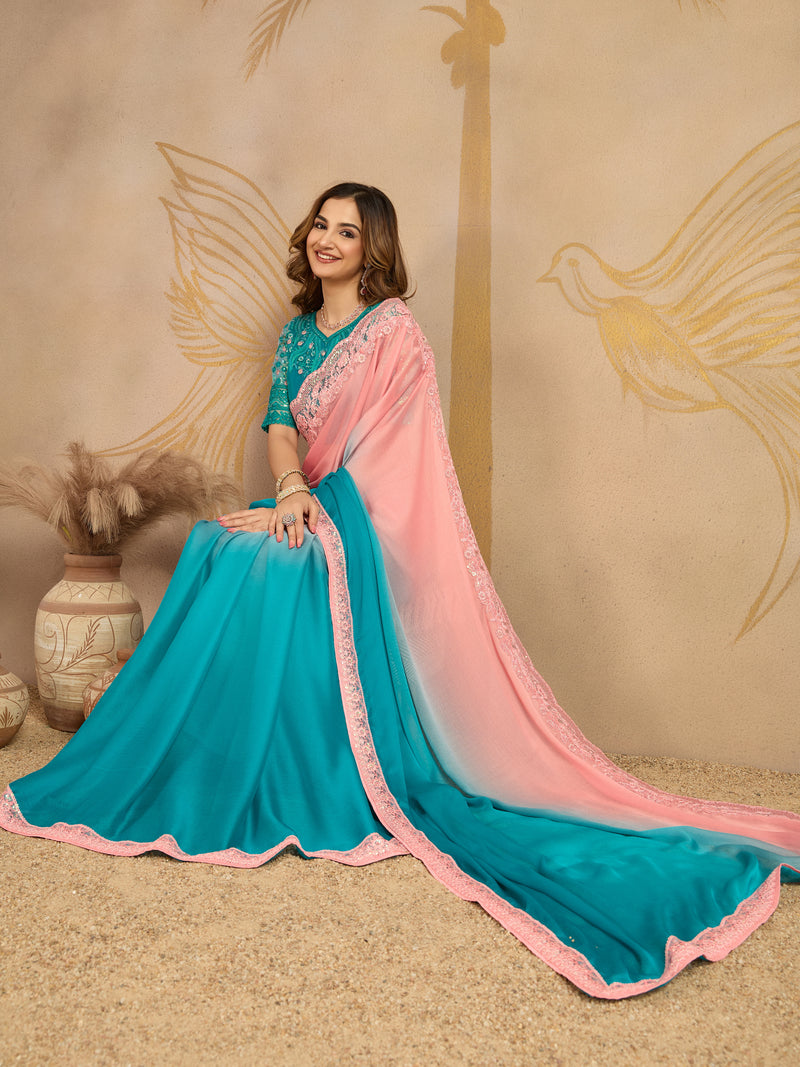 Turquoise Chiffon Embroidery work Ombre Style Saree with Unstitched Blouse Piece For Women's
