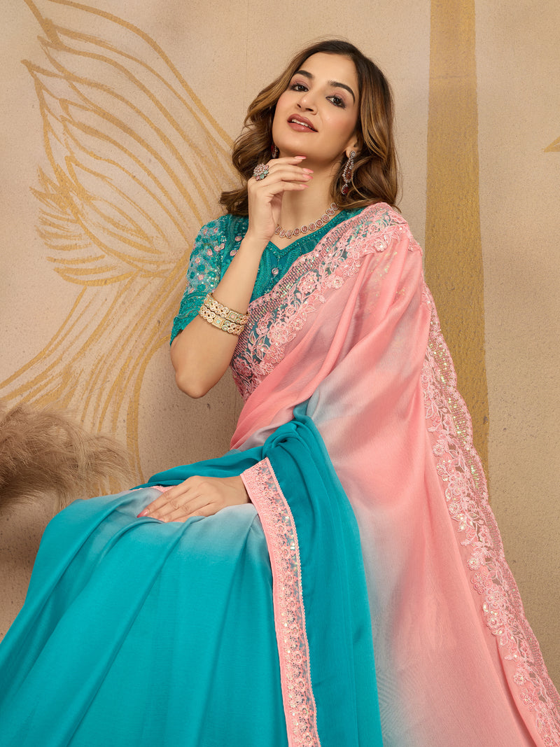 Turquoise Chiffon Embroidery work Ombre Style Saree with Unstitched Blouse Piece For Women's