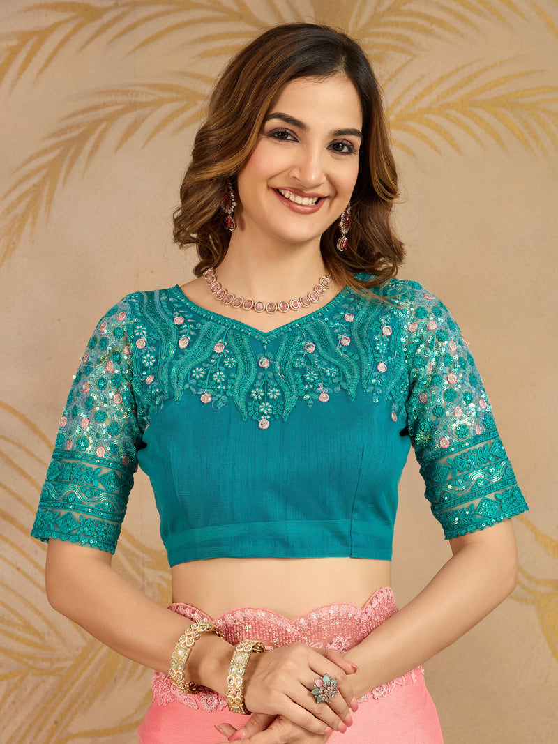 Turquoise Chiffon Embroidery work Ombre Style Saree with Unstitched Blouse Piece For Women's