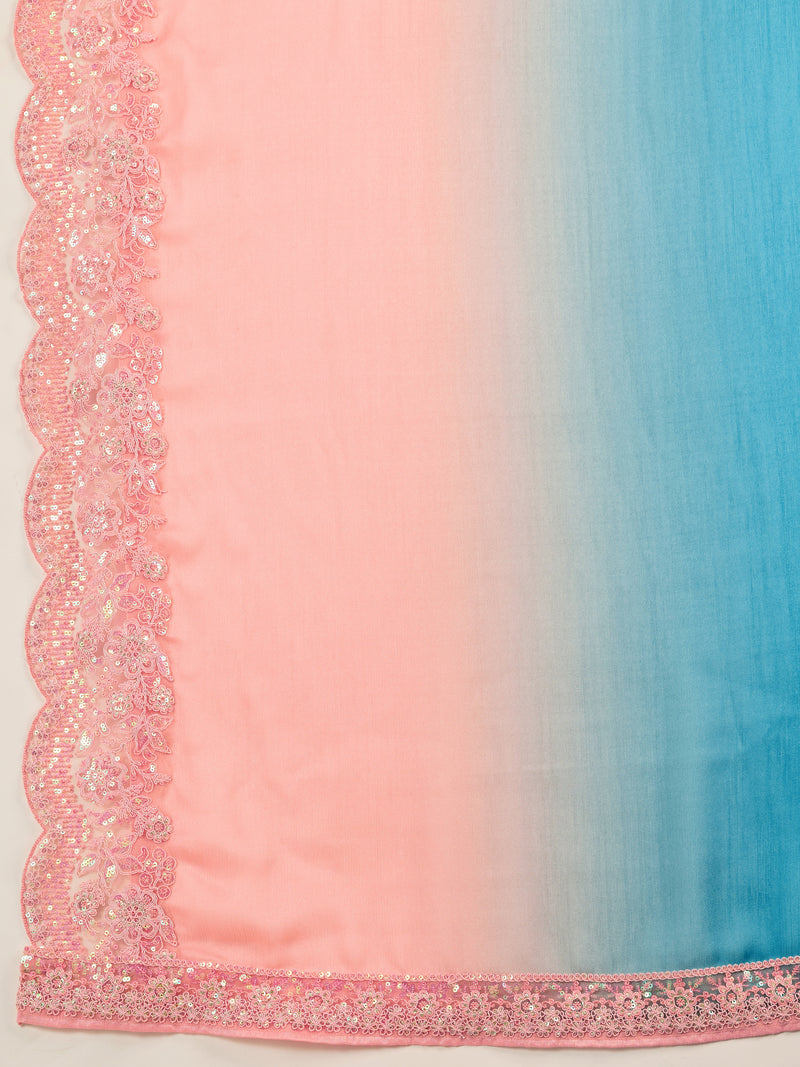 Turquoise Chiffon Embroidery work Ombre Style Saree with Unstitched Blouse Piece For Women's