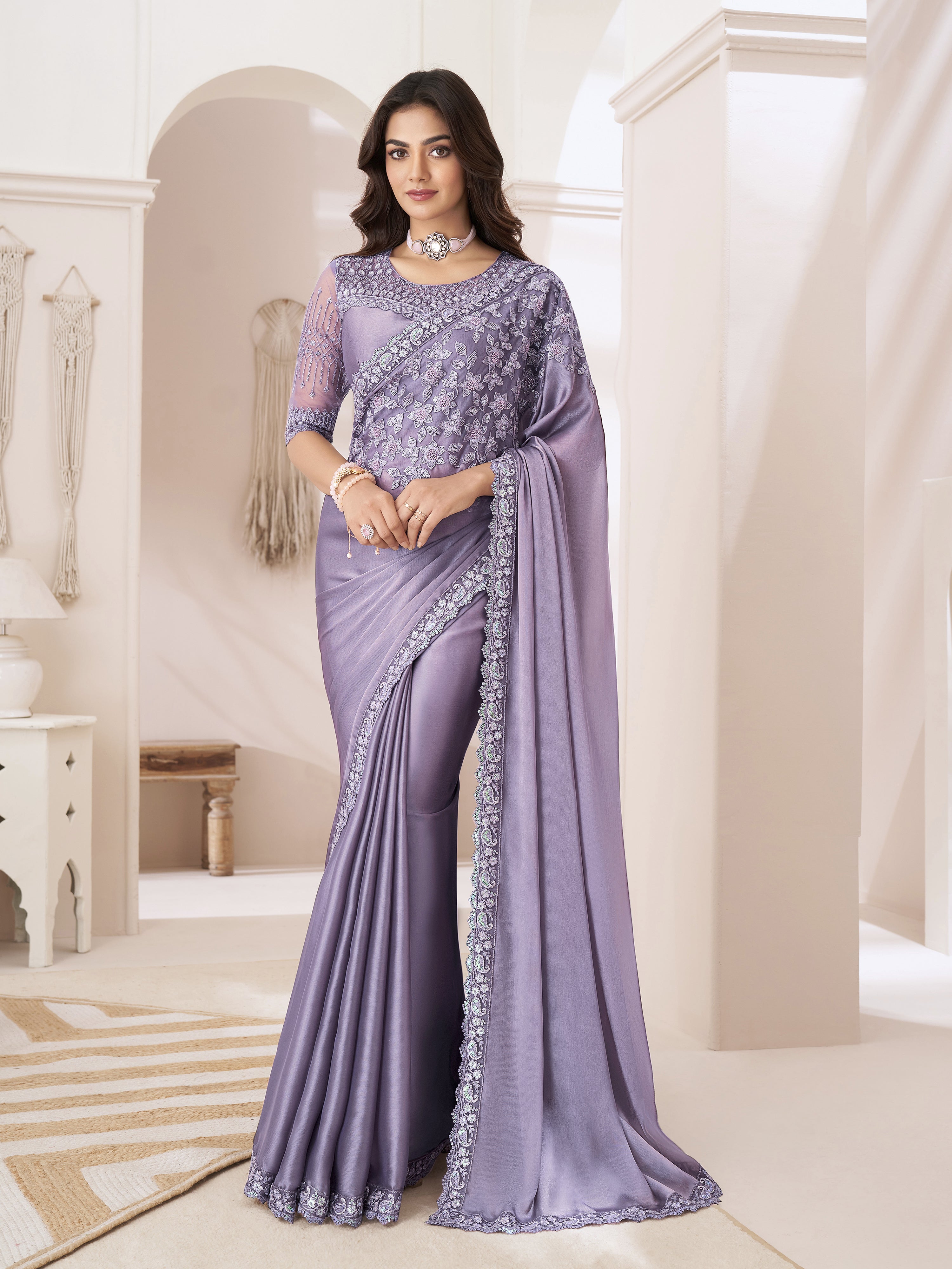 Purple Tissue Silk Sequin Embroidery Work Saree with Unstitched Blouse Piece For Women's Trendmalls