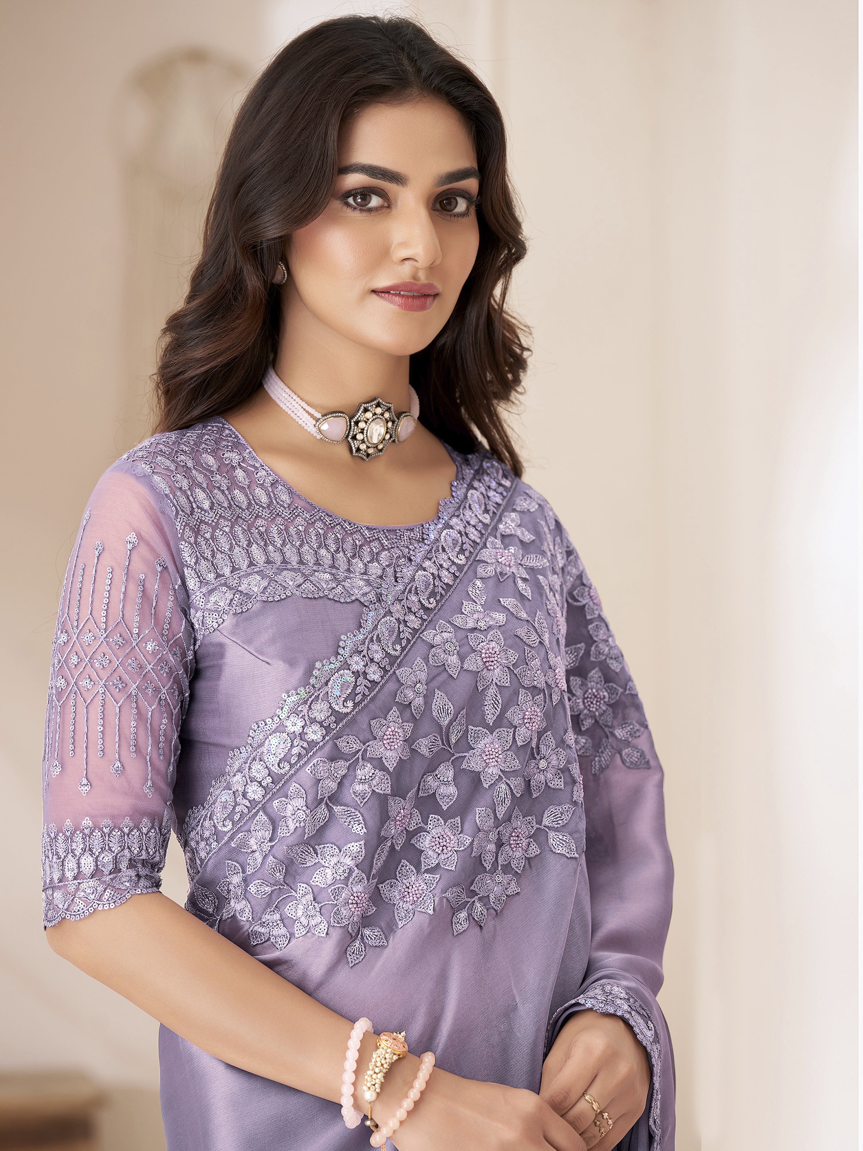 Purple Tissue Silk Sequin Embroidery Work Saree with Unstitched Blouse Piece For Women's Trendmalls