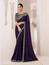 Purple Chiffon Embroidery Saree with Unsttiched Blouse Piece For Women's