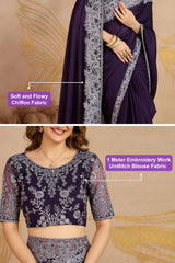 Purple Chiffon Embroidery Saree with Unsttiched Blouse Piece For Women's Trendmalls