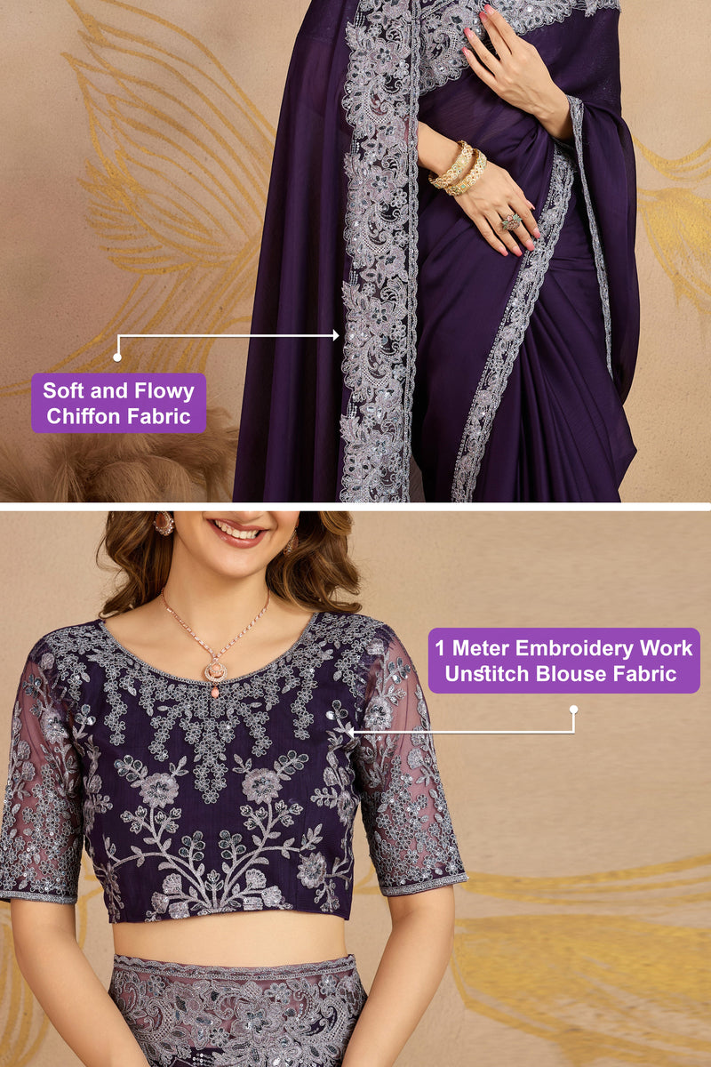 Purple Chiffon Embroidery Saree with Unsttiched Blouse Piece For Women's Trendmalls