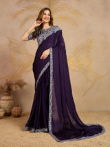 Purple Chiffon Embroidery Saree with Unsttiched Blouse Piece For Women's