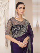 Purple Chiffon Embroidery Saree with Unsttiched Blouse Piece For Women's