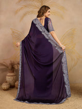 Purple Chiffon Embroidery Saree with Unsttiched Blouse Piece For Women's Trendmalls