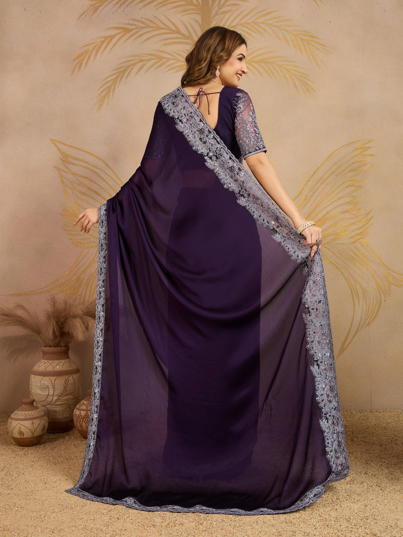 Purple Chiffon Embroidery Saree with Unsttiched Blouse Piece For Women's Trendmalls