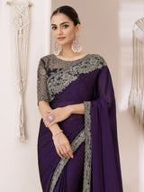 Purple Chiffon Embroidery Saree with Unsttiched Blouse Piece For Women's