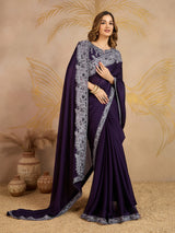 Purple Chiffon Embroidery Saree with Unsttiched Blouse Piece For Women's