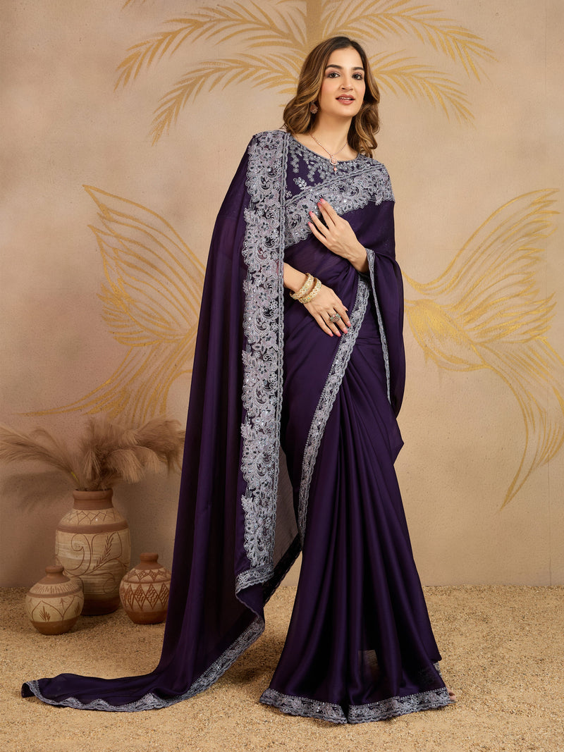 Purple Chiffon Embroidery Saree with Unsttiched Blouse Piece For Women's Trendmalls