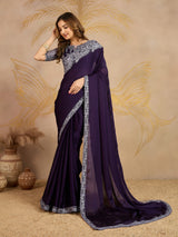 Purple Chiffon Embroidery Saree with Unsttiched Blouse Piece For Women's