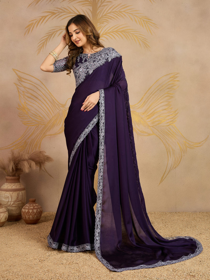 Purple Chiffon Embroidery Saree with Unsttiched Blouse Piece For Women's Trendmalls