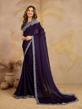 Purple Chiffon Embroidery Saree with Unsttiched Blouse Piece For Women's