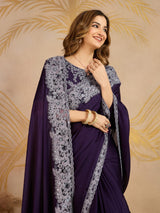 Purple Chiffon Embroidery Saree with Unsttiched Blouse Piece For Women's