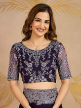 Purple Chiffon Embroidery Saree with Unsttiched Blouse Piece For Women's Trendmalls
