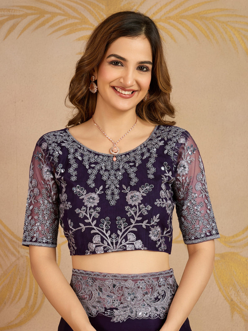 Purple Chiffon Embroidery Saree with Unsttiched Blouse Piece For Women's Trendmalls