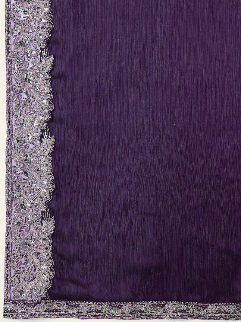 Purple Chiffon Embroidery Saree with Unsttiched Blouse Piece For Women's Trendmalls