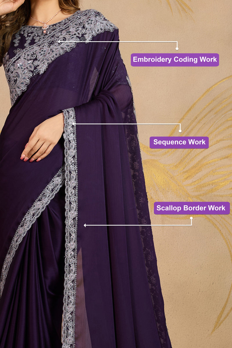 Purple Chiffon Embroidery Saree with Unsttiched Blouse Piece For Women's Trendmalls