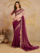 Multicolor Chiffon Embroidery work Ombre Style Saree with Unstitched Blouse Piece