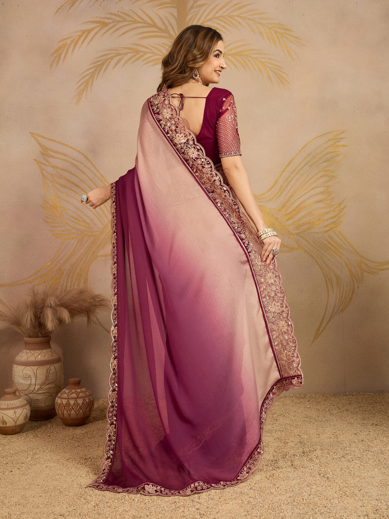 Multicolor Chiffon Embroidery work Ombre Style Saree with Unstitched Blouse Piece