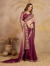 Multicolor Chiffon Embroidery work Ombre Style Saree with Unstitched Blouse Piece