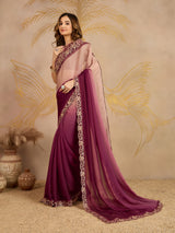 Multicolor Chiffon Embroidery work Ombre Style Saree with Unstitched Blouse Piece