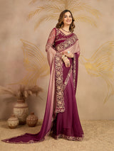 Multicolor Chiffon Embroidery work Ombre Style Saree with Unstitched Blouse Piece