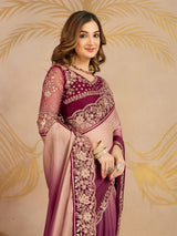Multicolor Chiffon Embroidery work Ombre Style Saree with Unstitched Blouse Piece