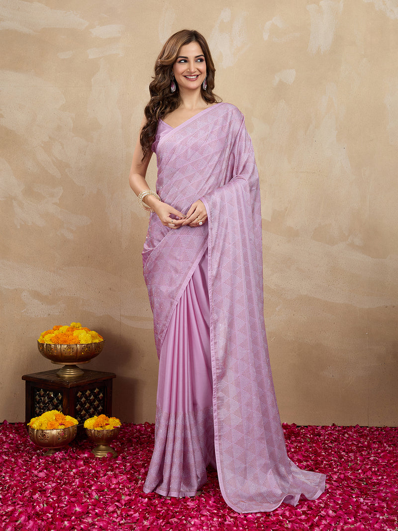 Women's Pink Chiffon Siroski Work with Unstitch Blouse Piece