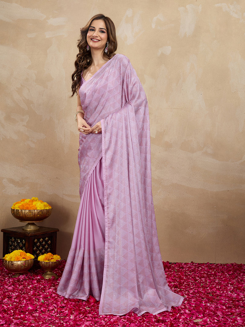 Women's Pink Chiffon Siroski Work with Unstitch Blouse Piece